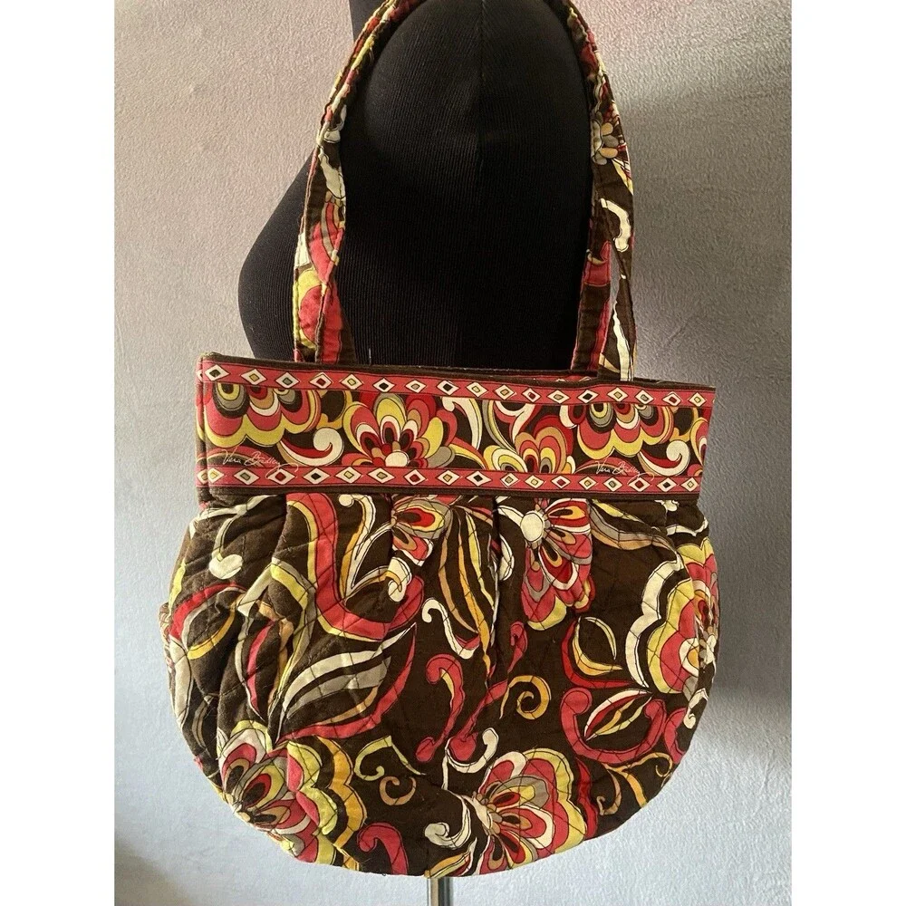 RETIRED Vera Bradley Morgan Tote Bag Mod Floral Pink Brown Yellow Birds Lot Of 2